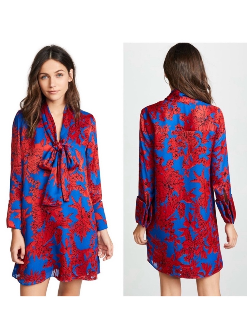 $450 ALICE + OLIVIA Bow Neck Tie Vibrant Blue & Red Floral Mini Dress – Large